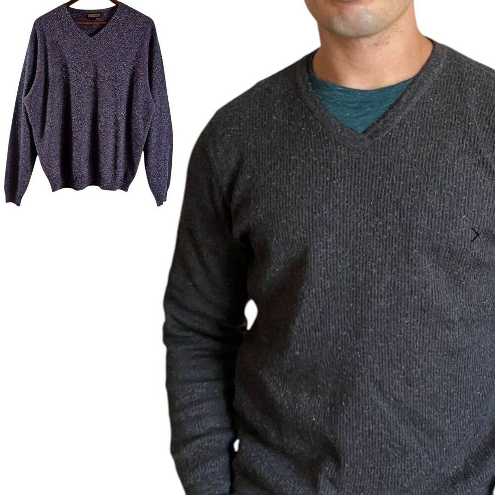 Lenor Romano Sz L Tweed Wool Silk Blend V-Neck Sweater Stitching Preppy Academia